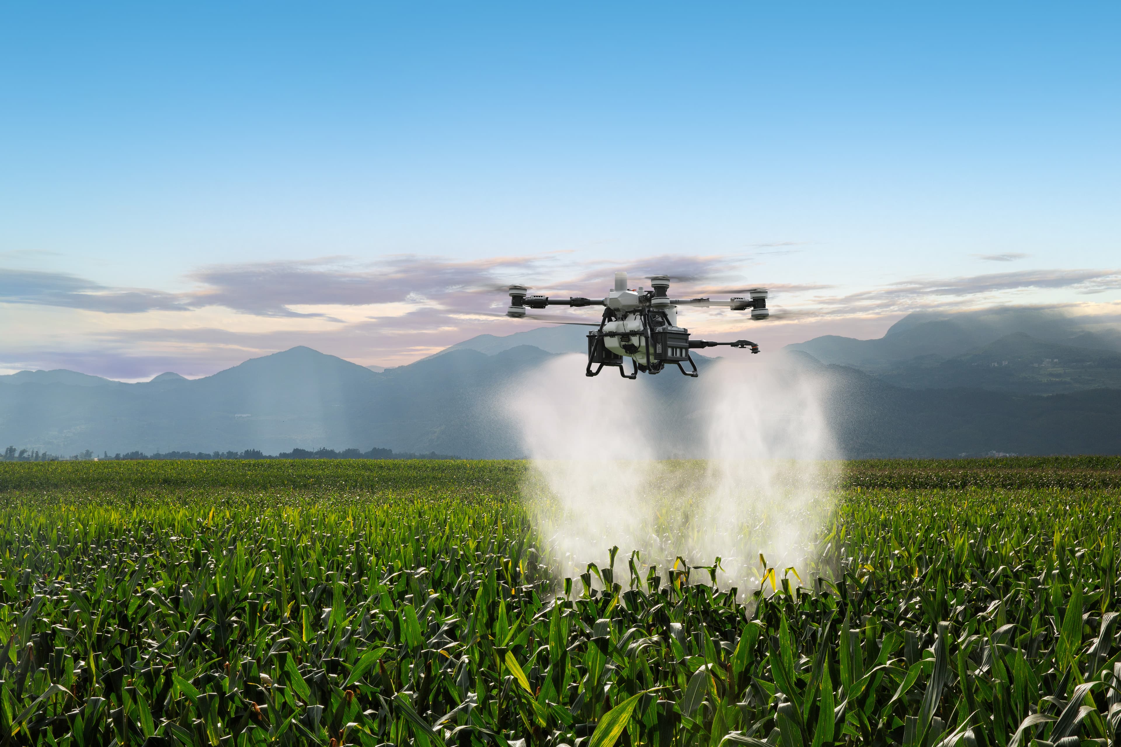 DJI AGRAS T100 pulverizando uma lavoura
